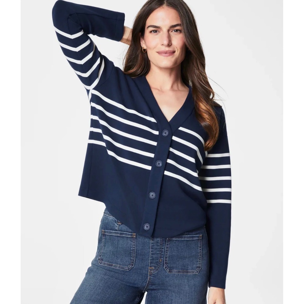Spanx AirEssentials Cardigan Midnight Navy‎ Porcelain Stripe 21048R XS NEW